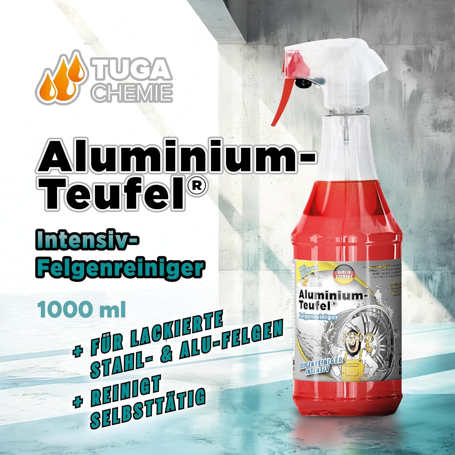 image:imageTUGA Chemie AluminiumTeufel Felgenreiniger surehaltig extra stark gegen Bremsstaub amp Flugrost fr Alu und Stahlfelgen 1L Sprhflasche Made in Germany1 l 1er Pack