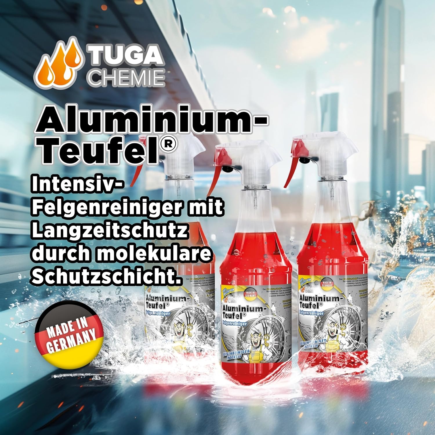 image:imageTUGA Chemie AluminiumTeufel Felgenreiniger surehaltig extra stark gegen Bremsstaub amp Flugrost fr Alu und Stahlfelgen 1L Sprhflasche Made in Germany1 l 1er Pack