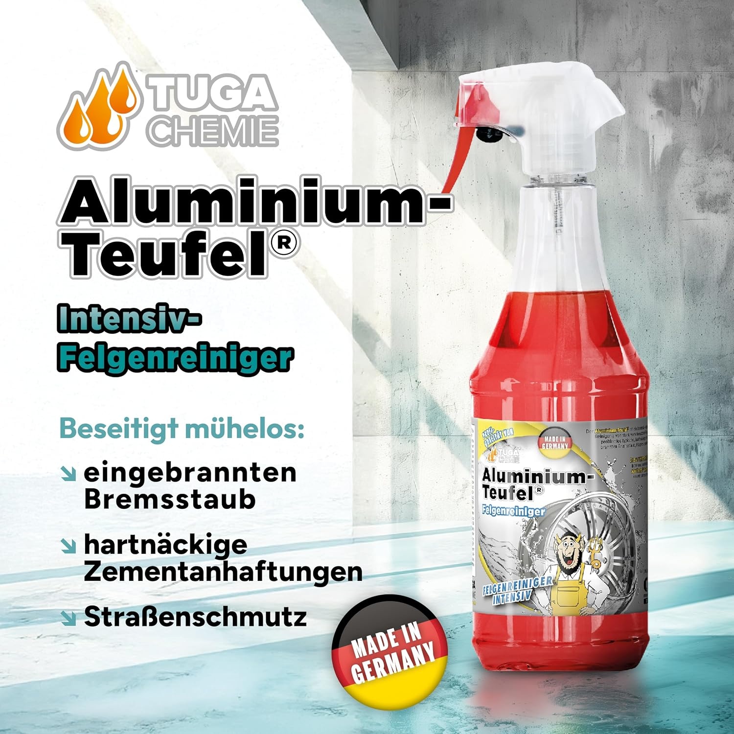 image:imageTUGA Chemie AluminiumTeufel Felgenreiniger surehaltig extra stark gegen Bremsstaub amp Flugrost fr Alu und Stahlfelgen 1L Sprhflasche Made in Germany1 l 1er Pack