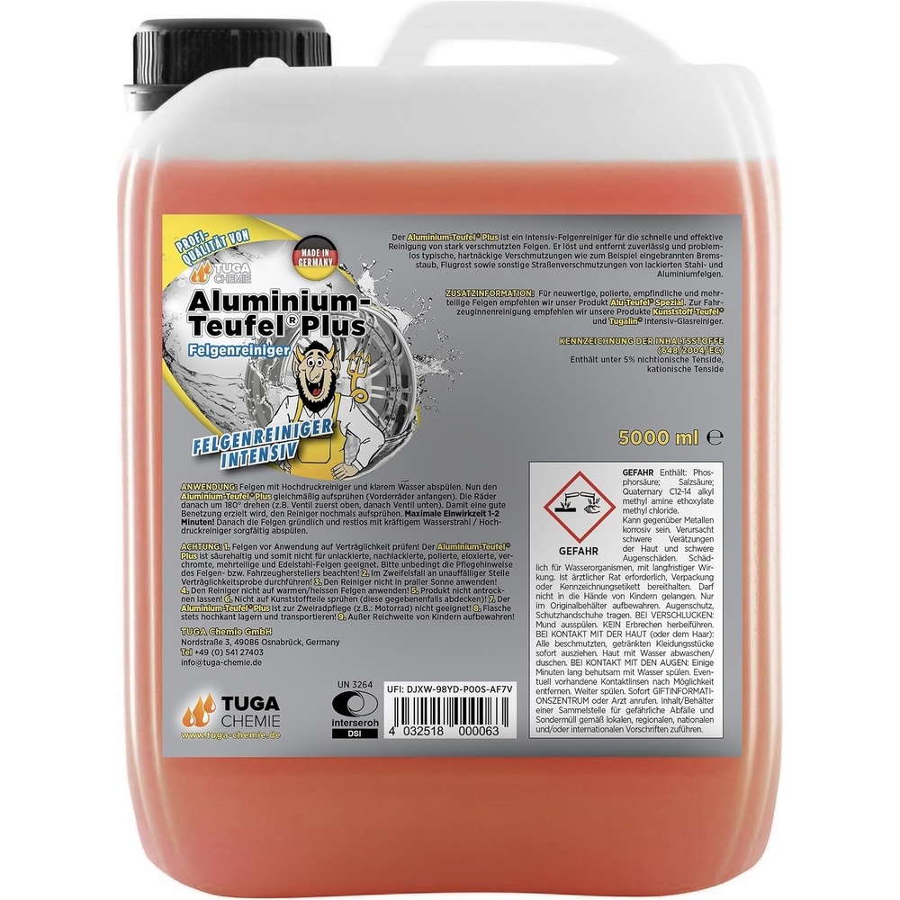 image:imageTUGA Chemie AluminiumTeufel Felgenreiniger surehaltig extra stark gegen Bremsstaub amp Flugrost fr Alu und Stahlfelgen Felgenreiniger  5 L Kanister  Made in Germany